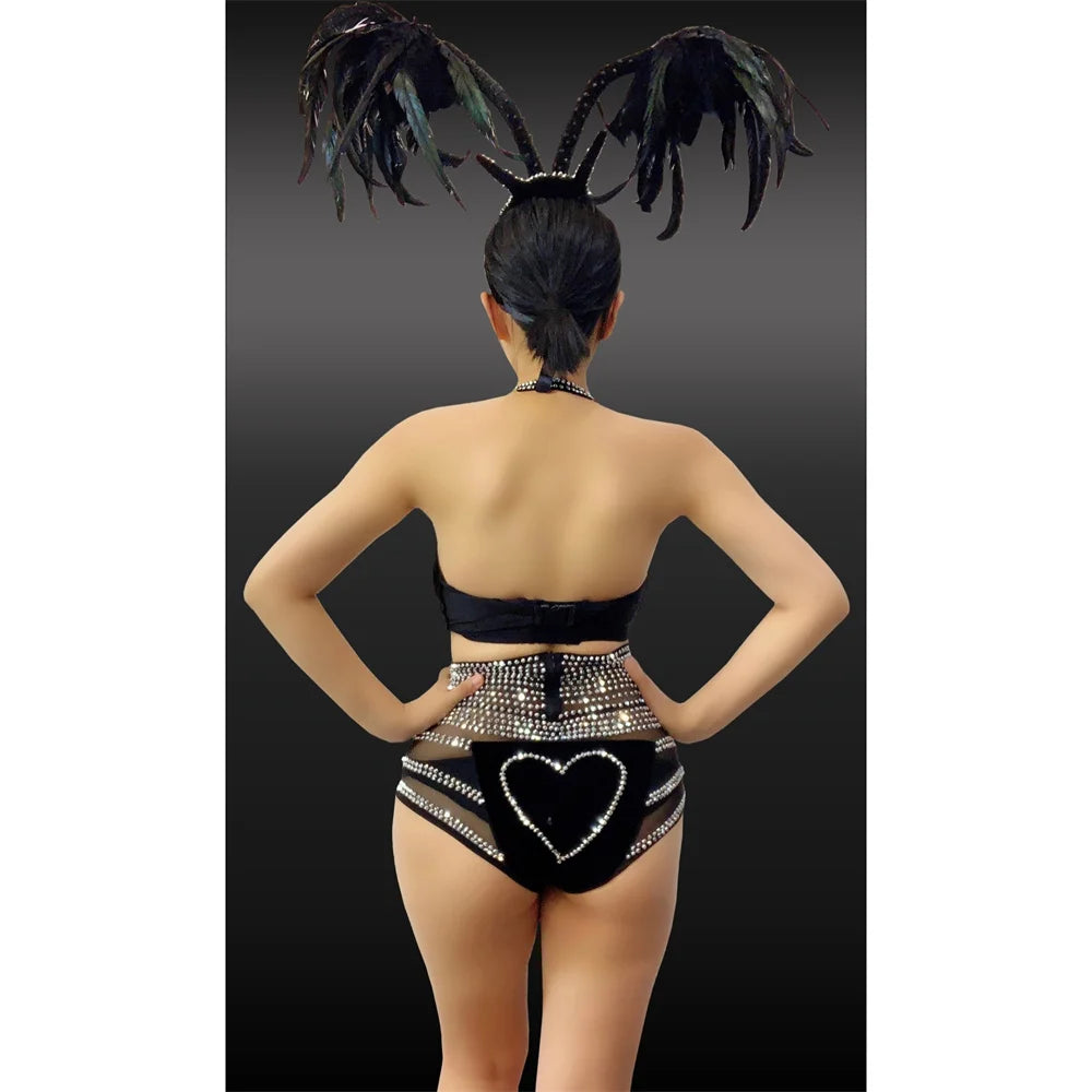 Black Rhinestone Grid Bikini & Feather Wing Headpiece Gogo Stage Costume Set