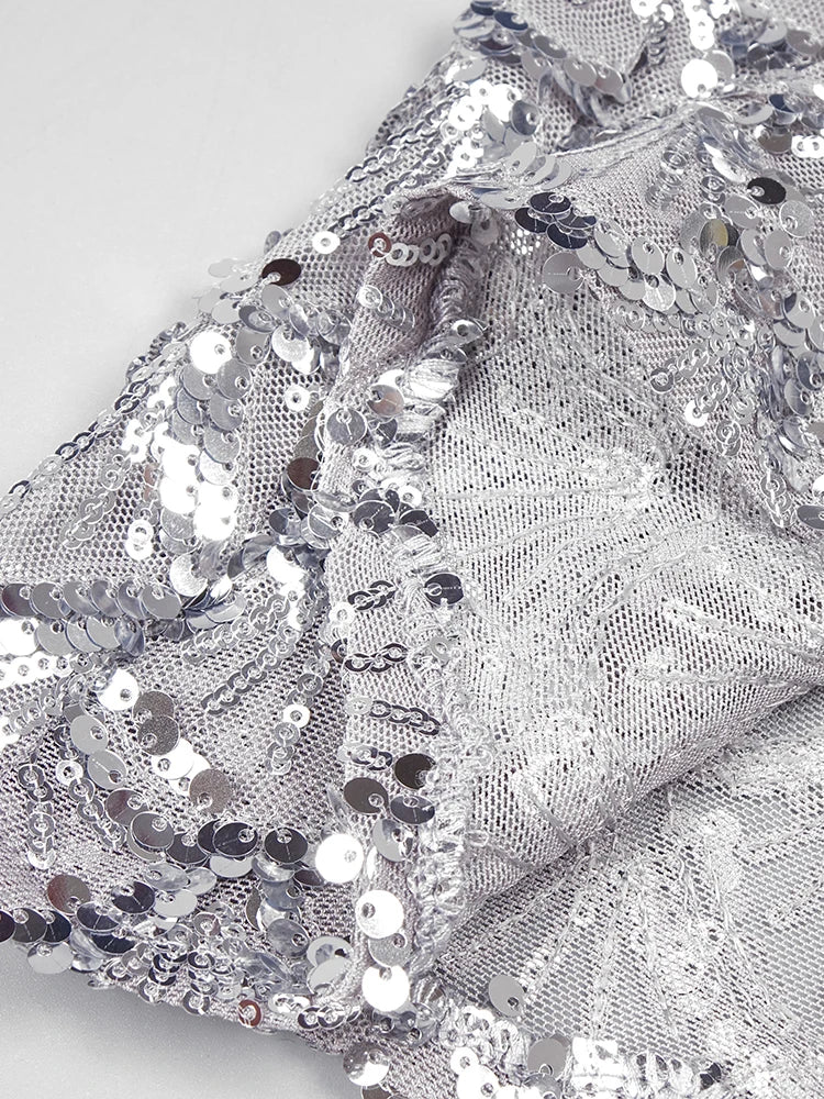Silver Sequin Plunge Backless Maxi Dress