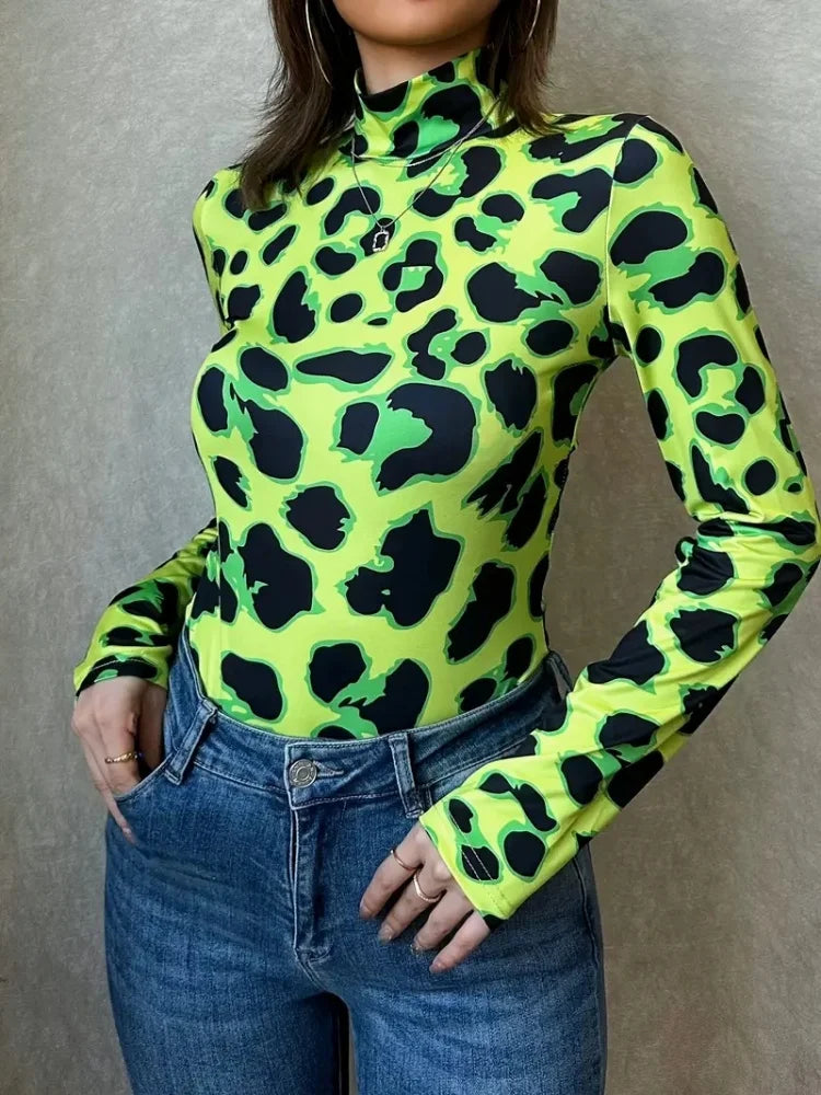 Neon Green Leopard Print Long Sleeve Bodysuit Sexy Stand Collar Stage Wear