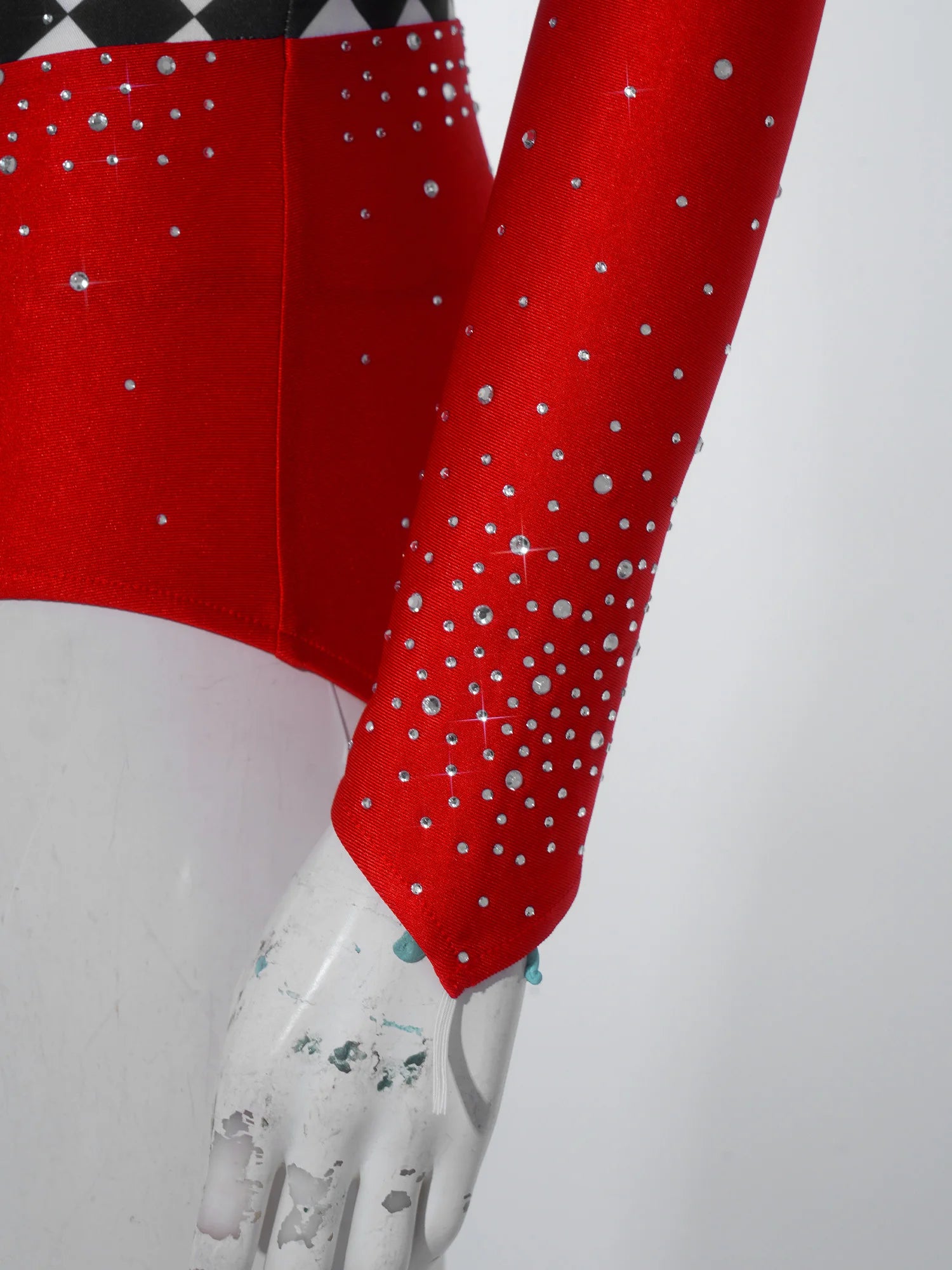 Queen of Hearts Rhinestone Halter Bodysuit & Sleeves Checkered Circus Stage Costume Set