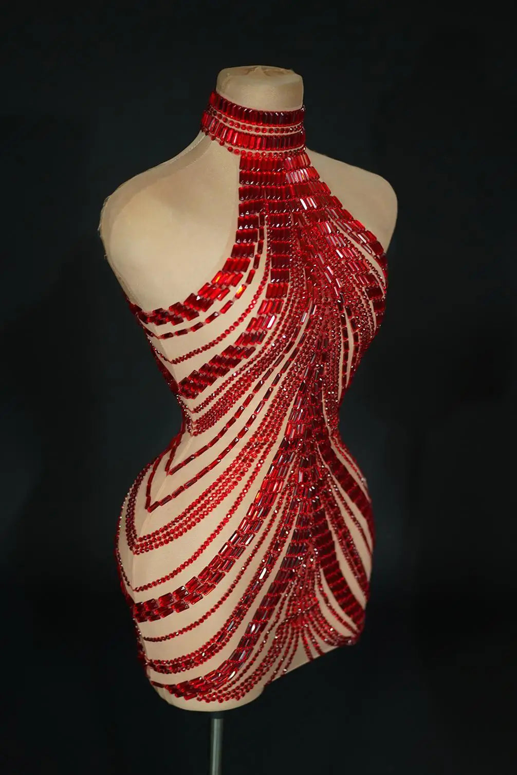 Sparkly Rhinestone High-Neck Sheath Mini Dress Stage Dance Costume