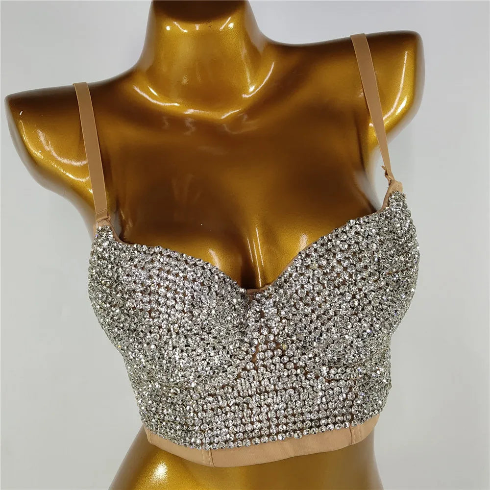Sparkly Rhinestone Corset Tank Top Showgirl Stage Performance Bra Bustier