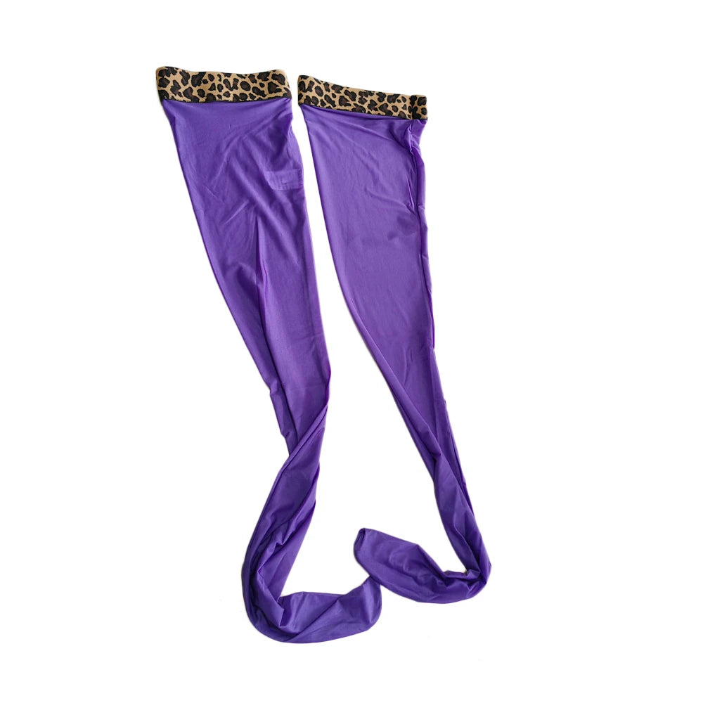 Satin Smooth Oil Shiny Thigh-High Stockings Leopard Print Trim Glossy Tights