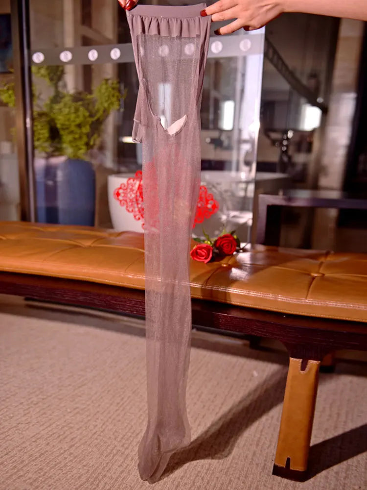 Sexy Men Oil Gloosy See Through U Convex Pouch Stockings Penis Open Close Sleeve Stockings Sheer Shiny Pantyhose Tight Plus Size