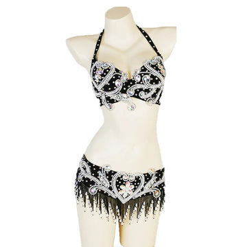 Sparkly Beaded Belly Dance Bra & Fringe Hip Belt Two-Piece Stage Costume Set