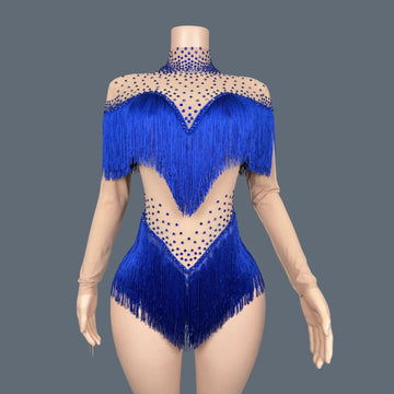 Sparkly Rhinestone Tassel Fringe Dance Performance Costume Stage Bodysuit