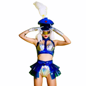 Holographic Silver Laser Bikini, Ruffle Skirt & Captain Hat 3-Piece Stage Costume Set