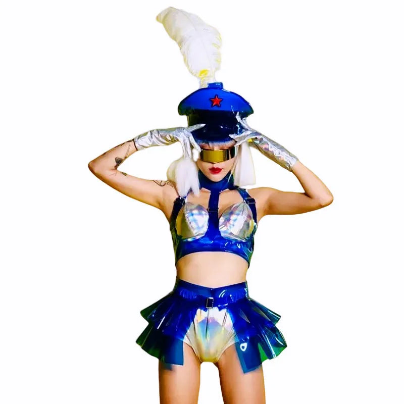 Holographic Silver Laser Bikini, Ruffle Skirt & Captain Hat 3-Piece Stage Costume Set
