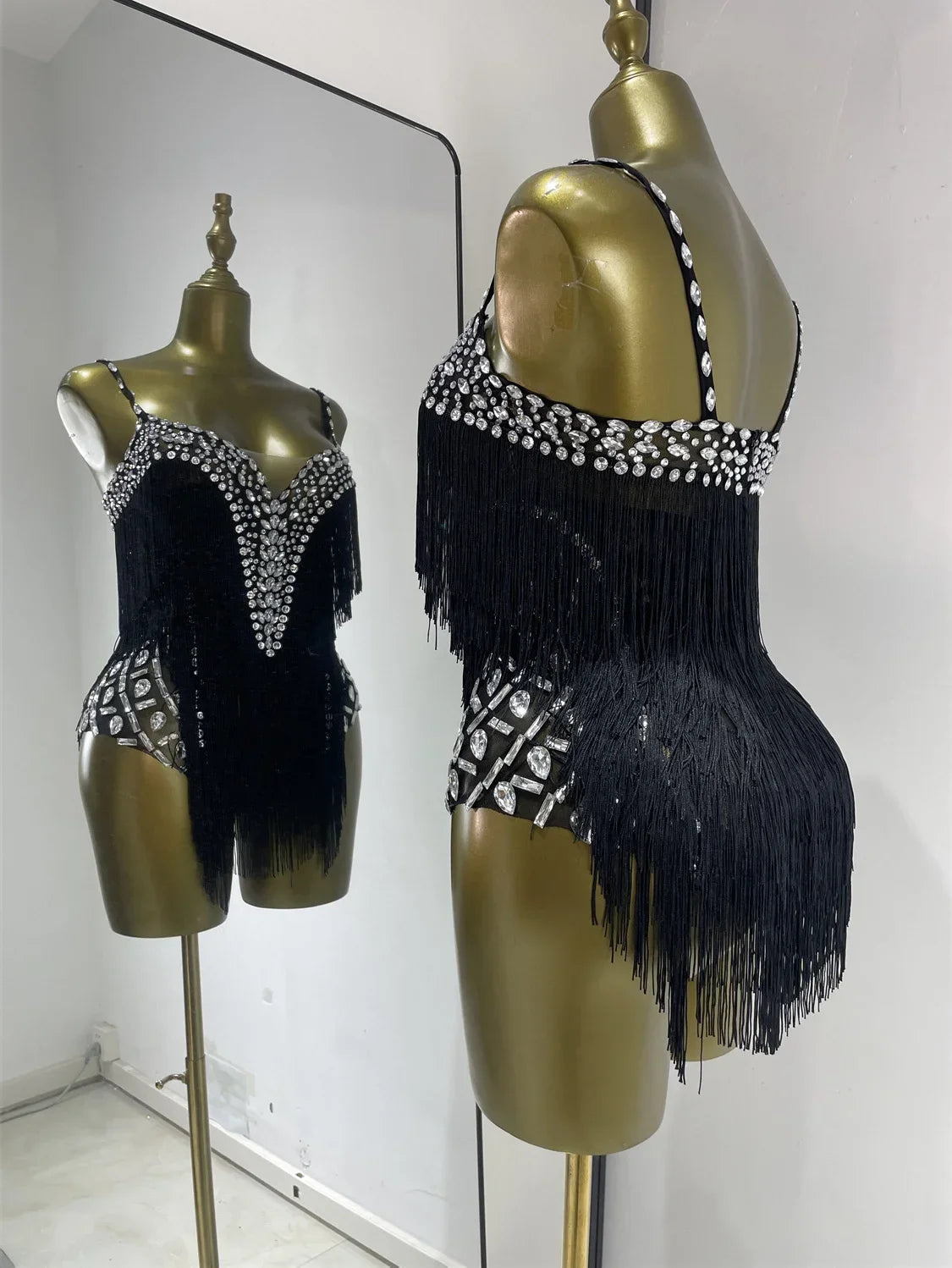 Women Black Bright Rhinestones Tassel Stretchy Mesh Thigh High Leotard Pole Dance Costumes Evening Party Club DJ Gogo Dress