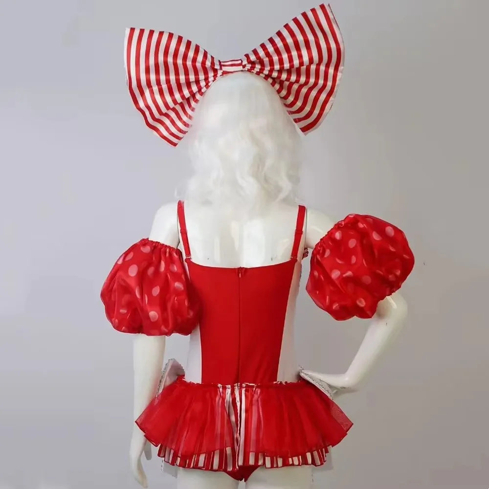 Red White Bow Rhinestones Bodysuit Women Candy Striped Headgear Costume Nightclub Dancer Team Performance Outfit