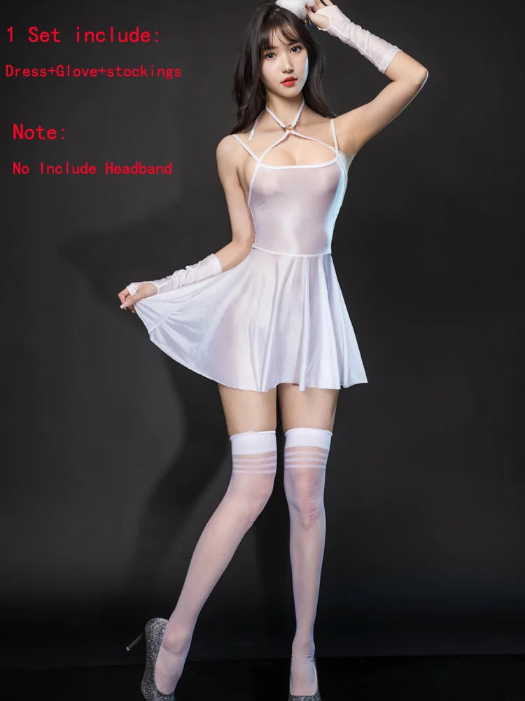 Sexy Backless Satin Smooth Oil Glossy Pleated Micro MINI Dress Bandage Sleeveless Tight Uniform Maid Ruffled Dress Stage Wear