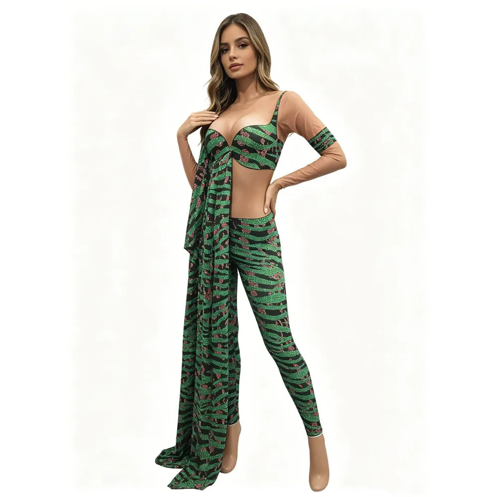 Irregular Single Sleeve Leopard Jumpsuit Green Tight Women Singer Stage Wear Nightclub Party Stage Performance Costume
