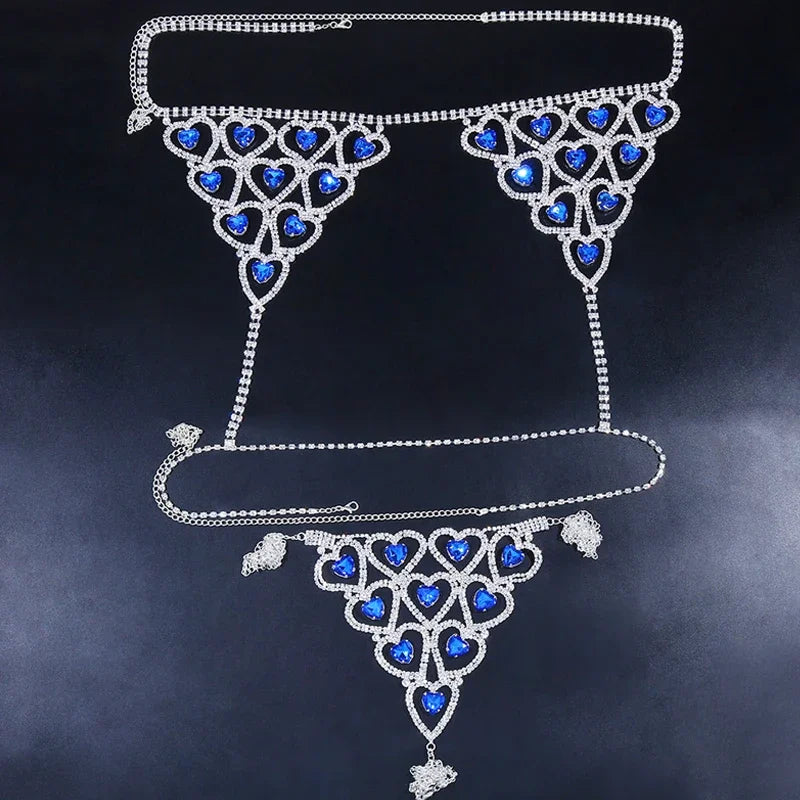Sparkly Glass Crystal Rhinestone Heart Body Chain Bra & Thong Lingerie Set
