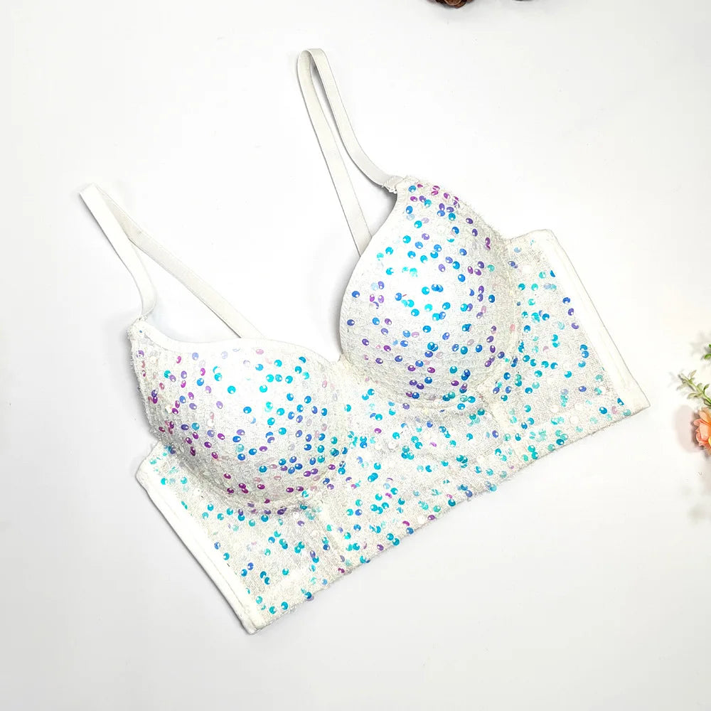 Sequined Glitter Bustier Crop Top & Beaded Stage Camisole