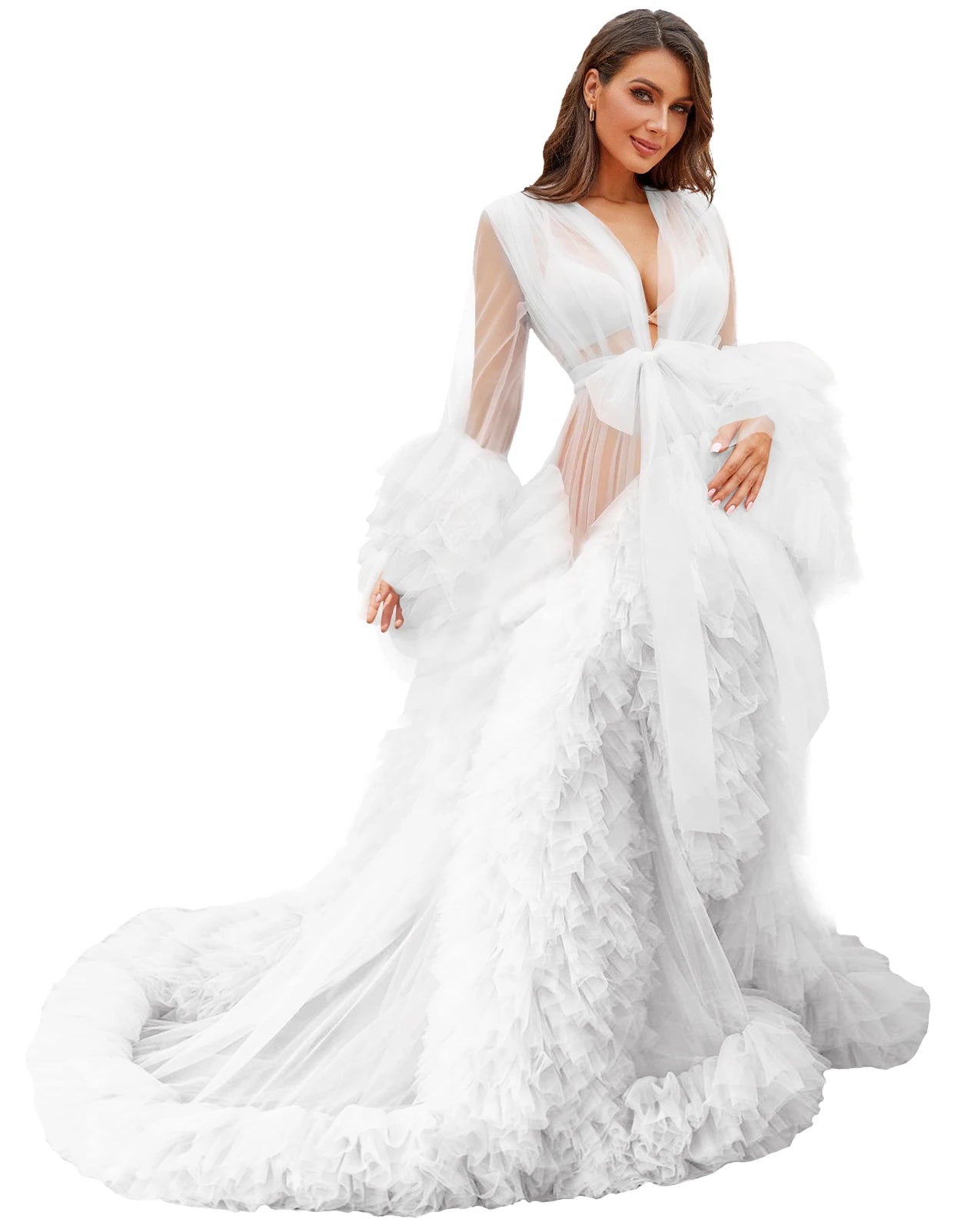 Voluminous Illusion Tulle Ruffle Long Robe Dressing Gown