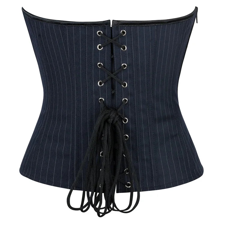 Black Striped Overbust Corset Top Zipper Front Lace-Up Bustier Body Shaper
