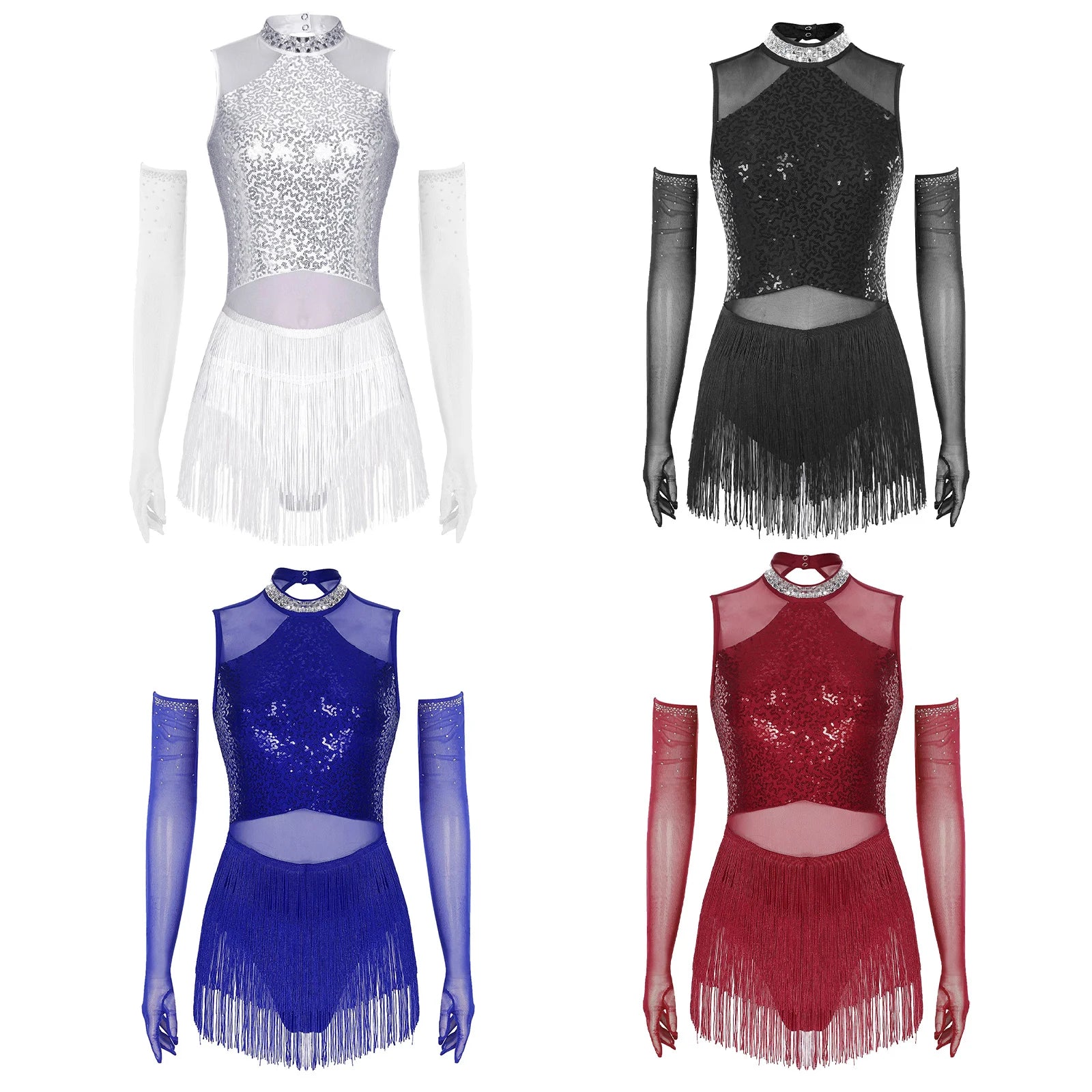 Sparkly Sequin & Fringe Dance Dress with Gloves Latin Stage Performance Costume