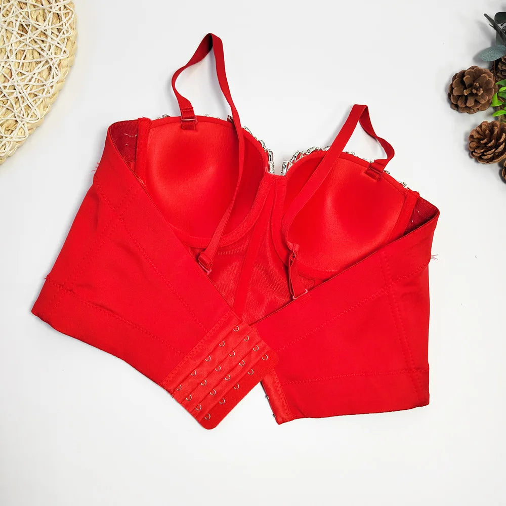 Crystal Chain Strap Bustier Corset Crop Top Hook-and-Eye Stage Bralette