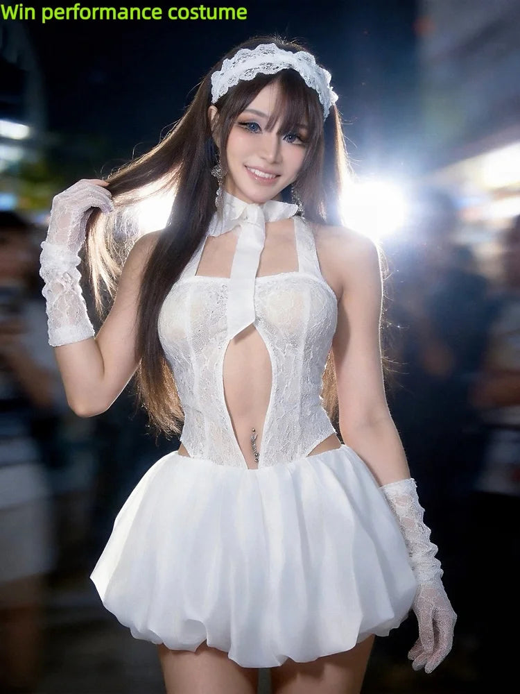 Ivory Floral Lace Cutout Bubble Romper Dress Sexy Stage Performance Costume Set