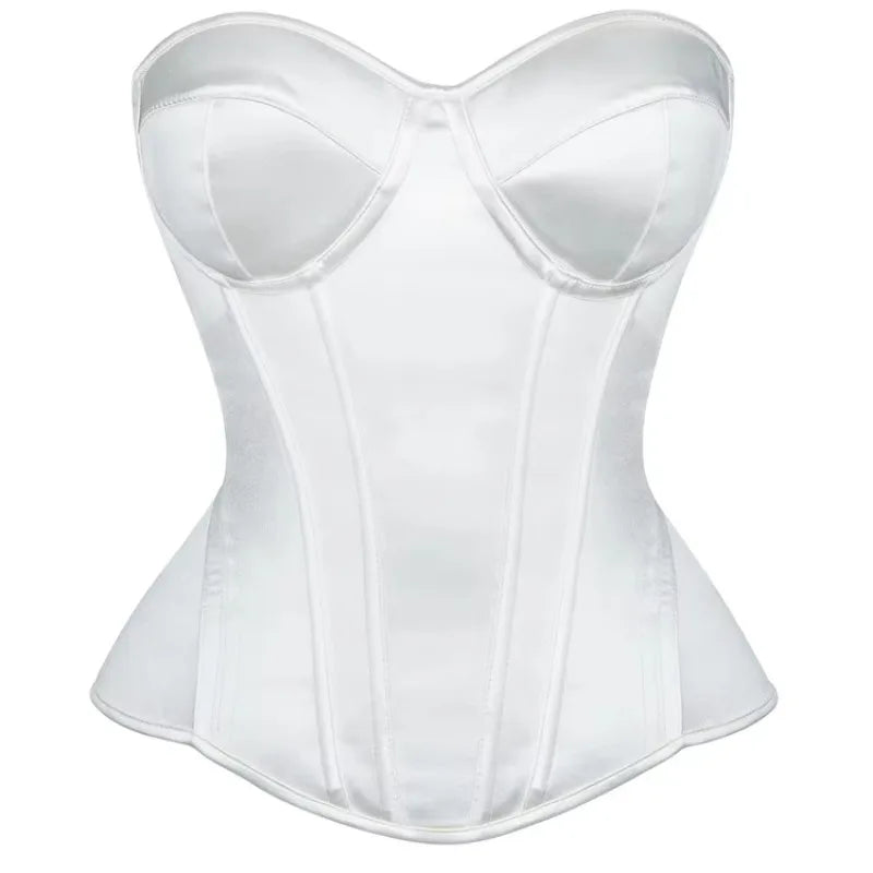 Overbust Corset Bustier Top Built-In Bra Cup Lace-Up Waist Cincher
