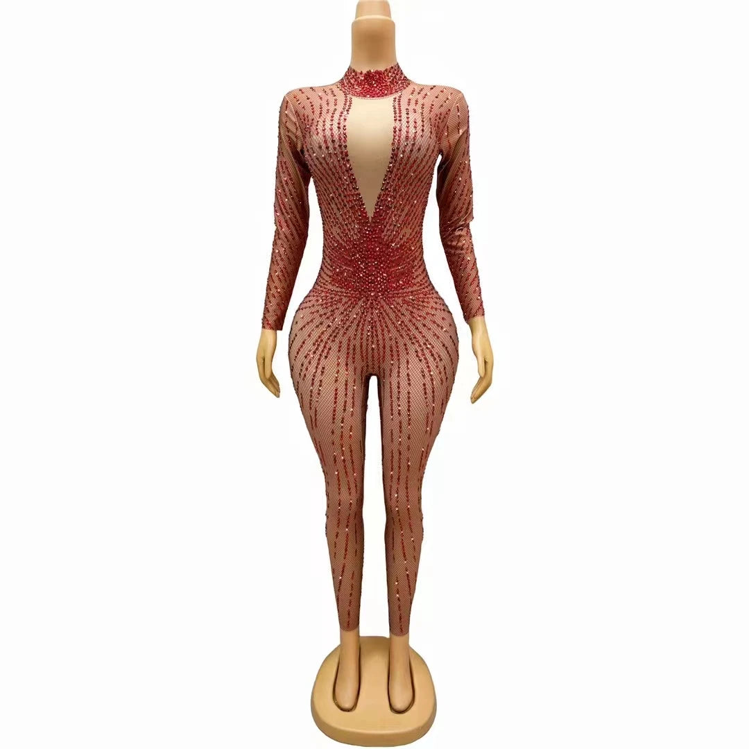 Crimson Red Rhinestone Catsuit Long Sleeve Illusion Stage Performance Jumpsuit