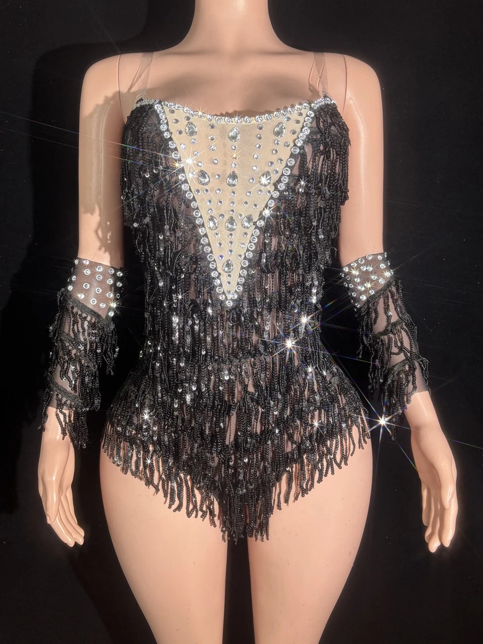 Sparkly Black Sequin & Rhinestone Tassel Bodysuit with Gloves Stage Costume