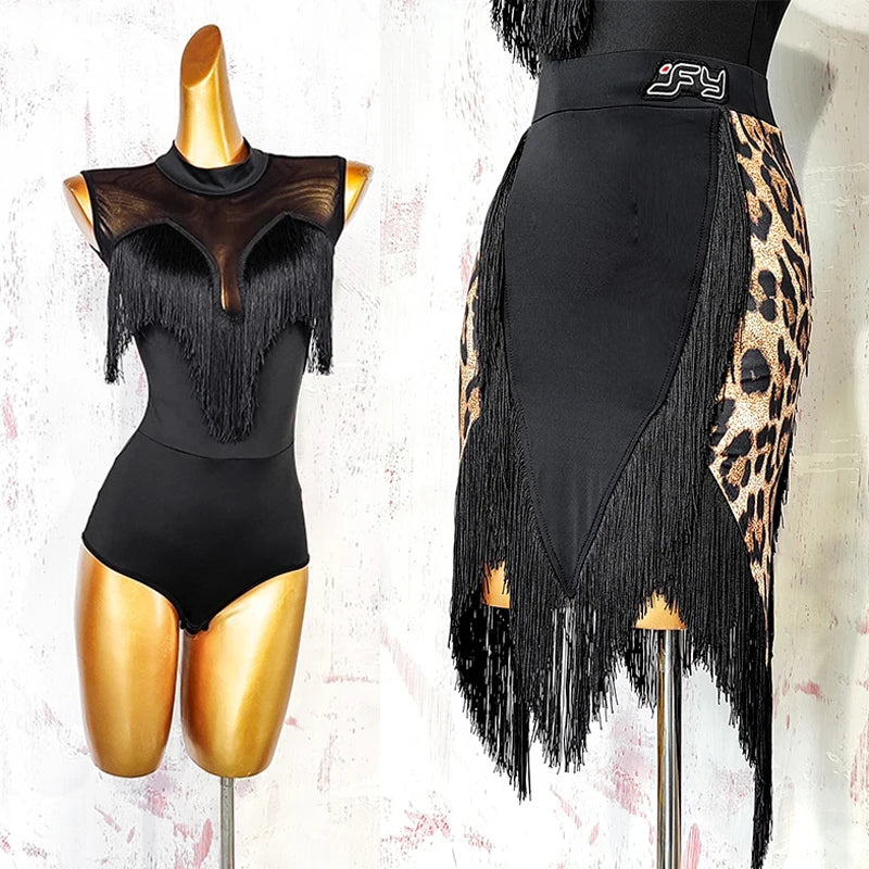 Black Open-Back Leotard & Leopard Print Fringe Skirt Latin Dance Costume Set