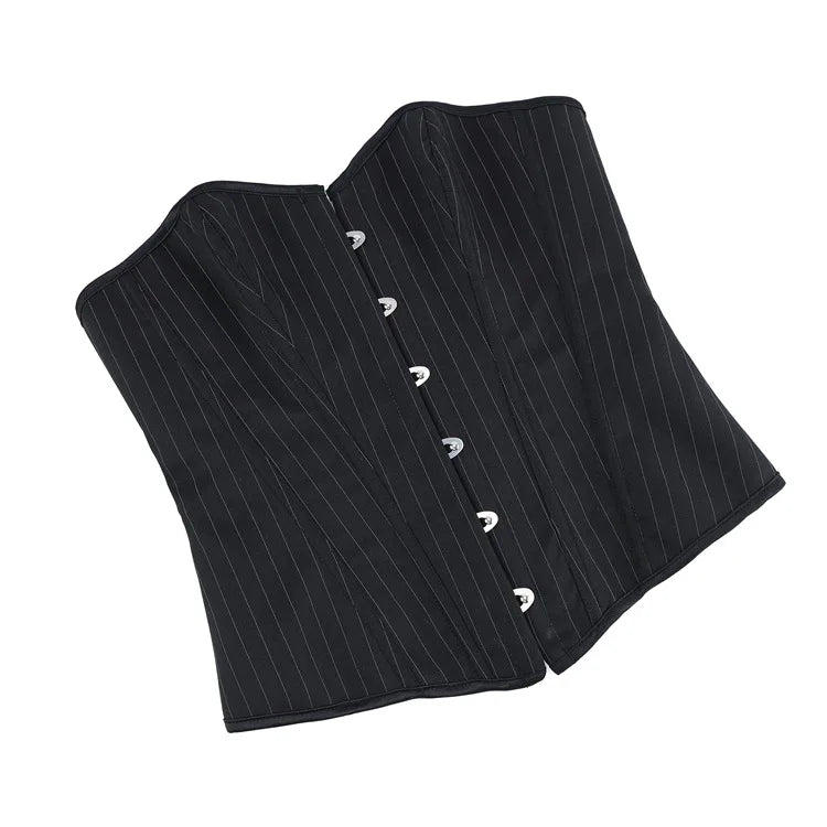 Black Striped Overbust Corset Top Zipper Front Lace-Up Bustier Body Shaper