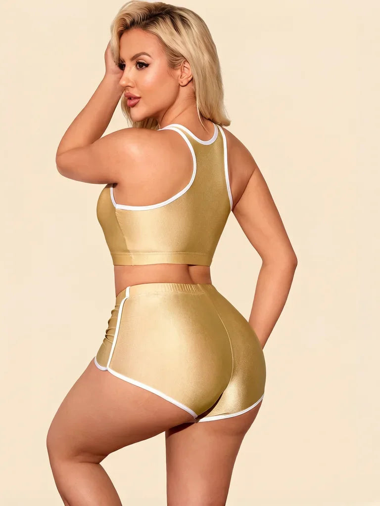 Metallic High-Stretch Crop Tank & Shaping Shorts 2-Piece Activewear Set