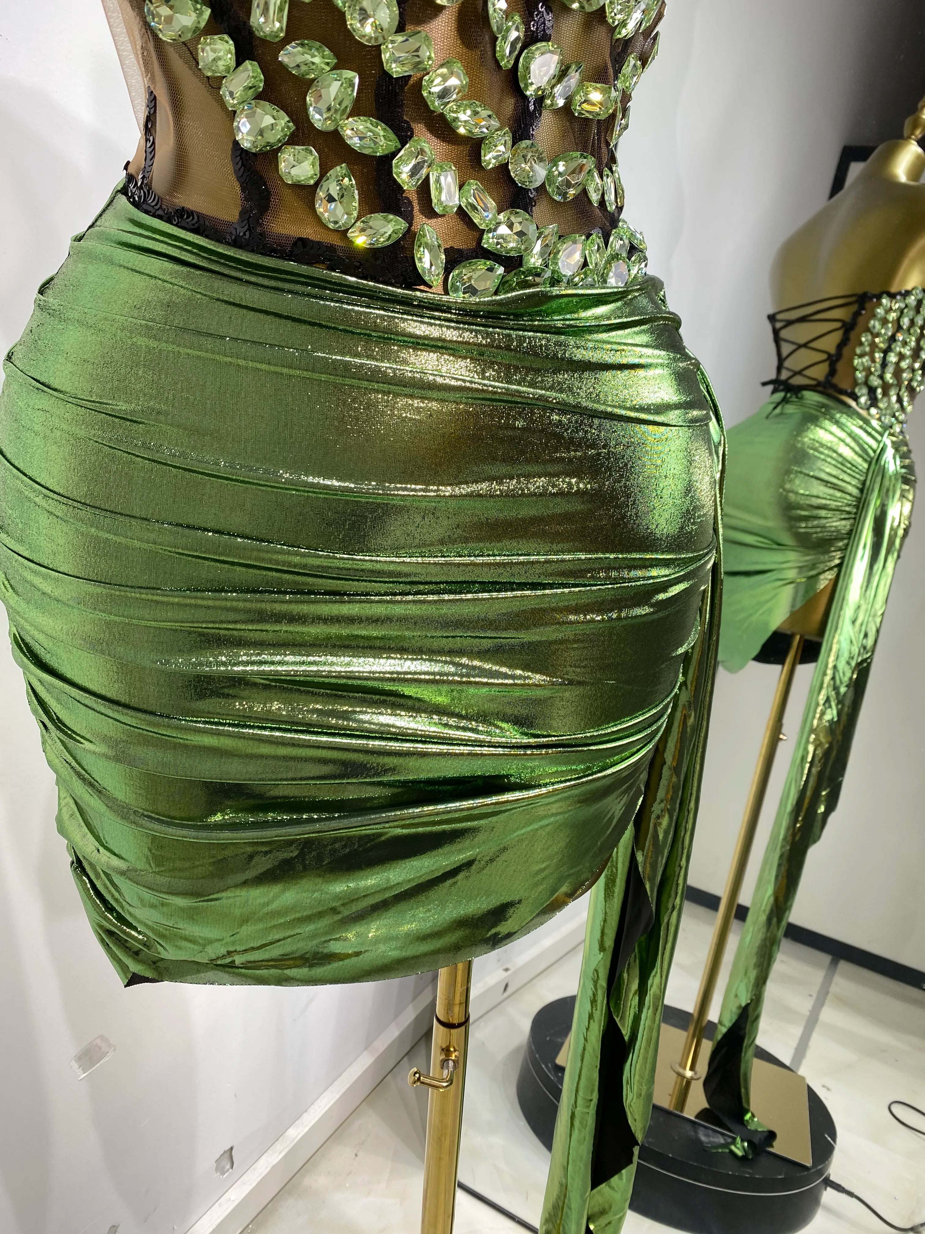 Rhinestone Tube Bustier Corset Top & Bronzing Mini Skirt 2-Piece Performance Set