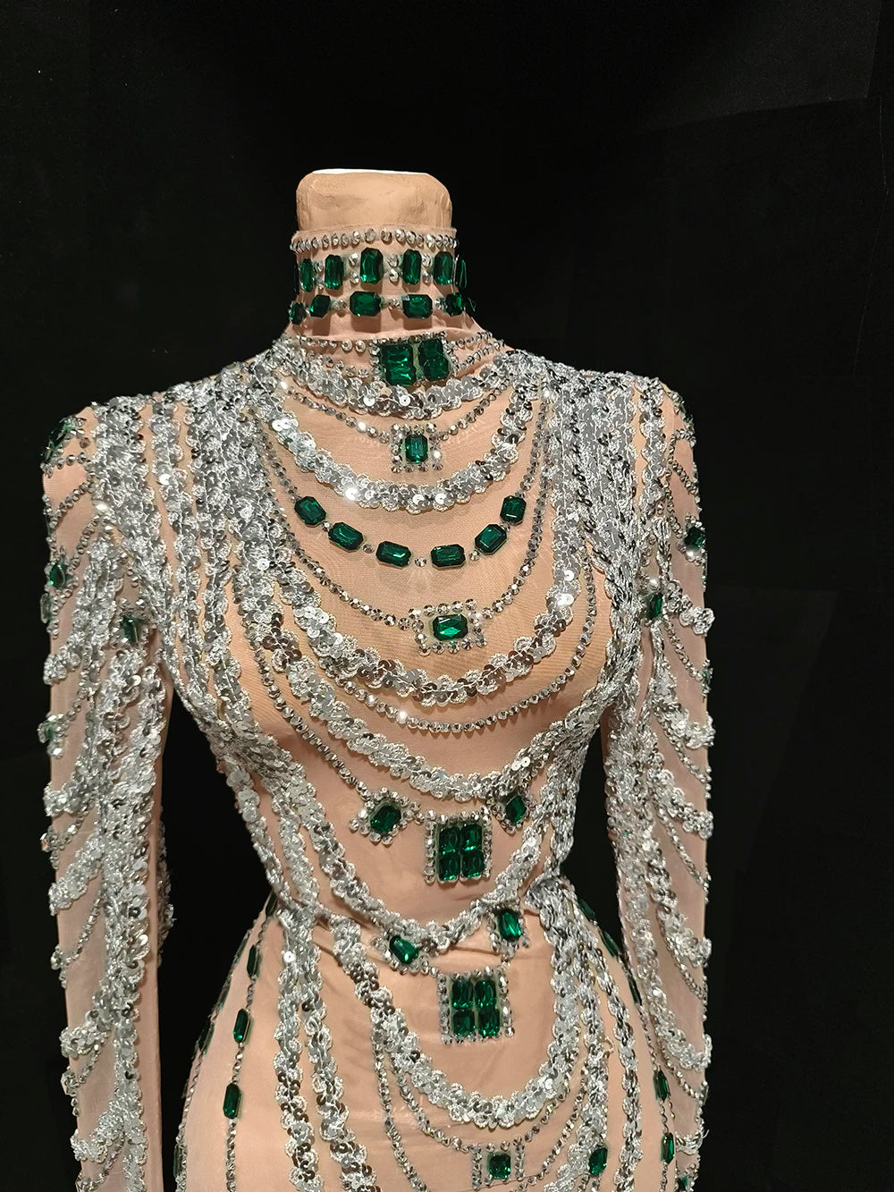 Sparkly Rhinestone, Sequin & Pearl Sheer Illusion Performance Dress Stage Costume