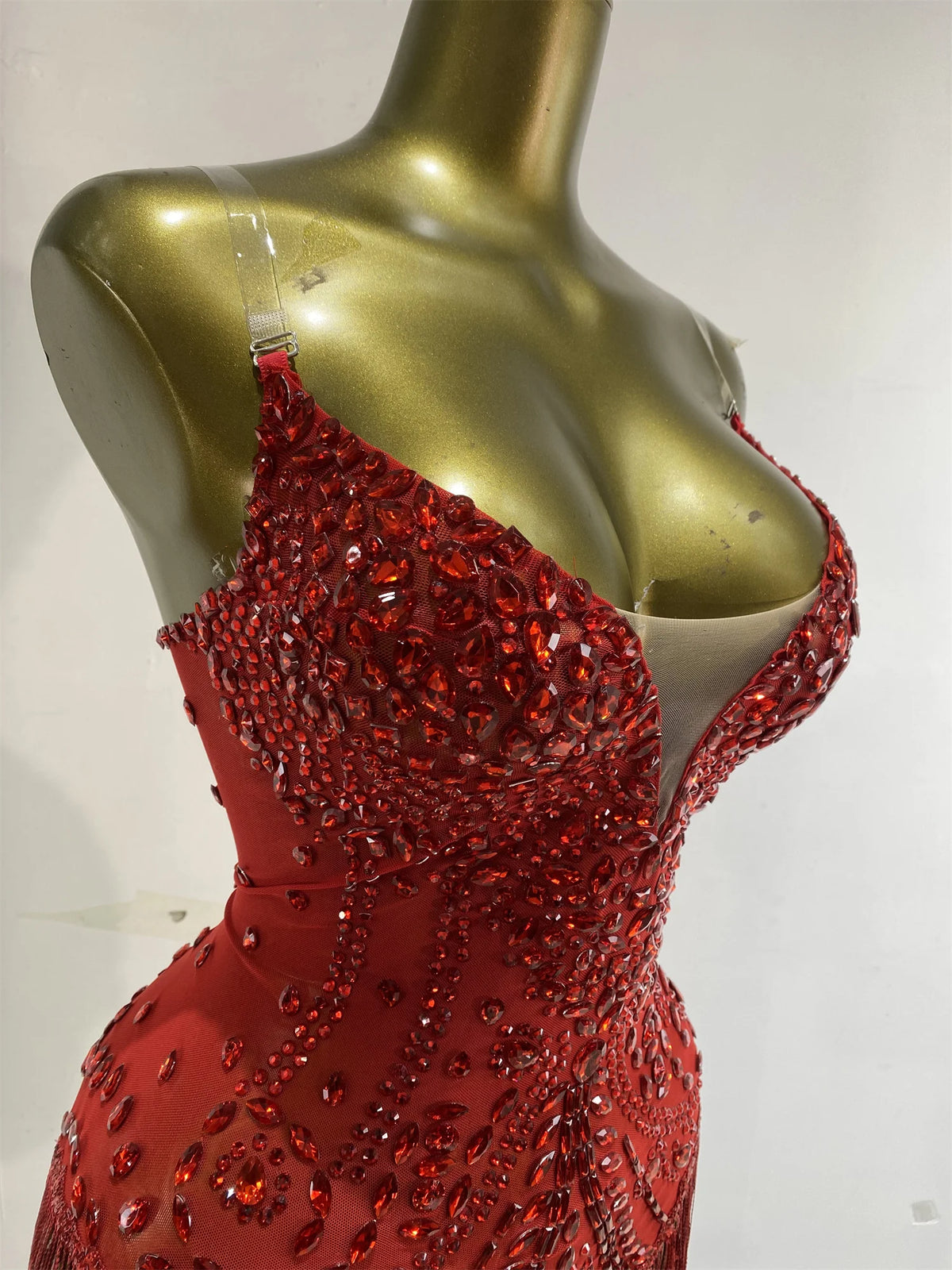 Vintage-Inspired Shiny Rhinestones Tassel Mesh Bodysuit Costume Set