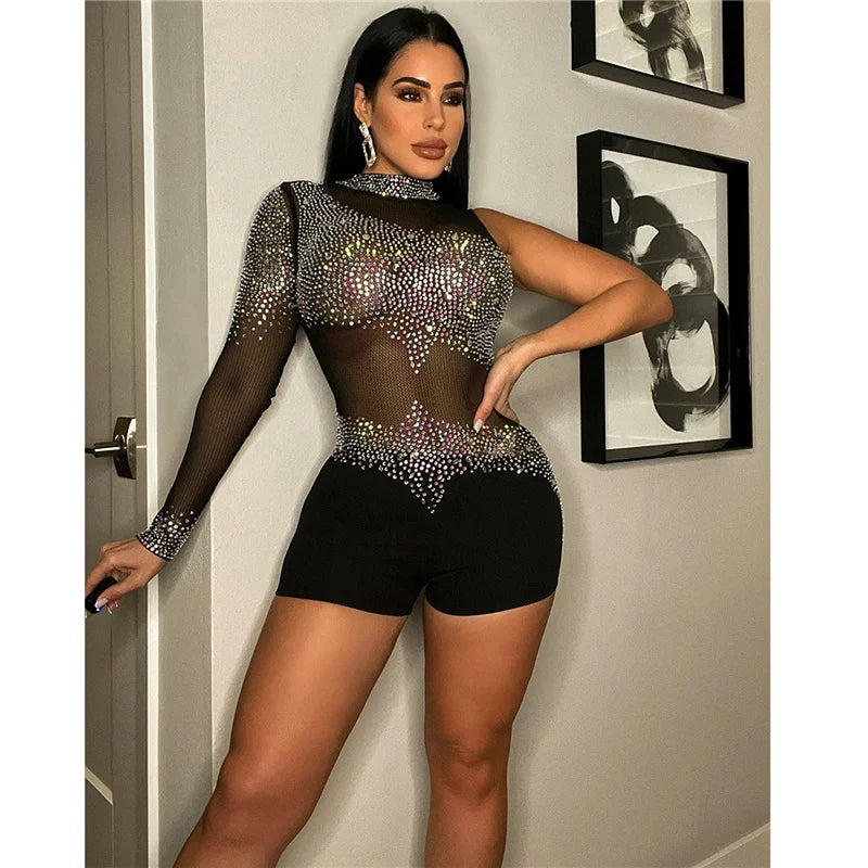 Sparkly Rhinestones Mesh Romper