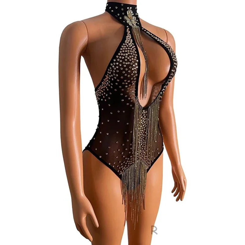 Openwork Rhinestone Tassel Performance Bodysuit
