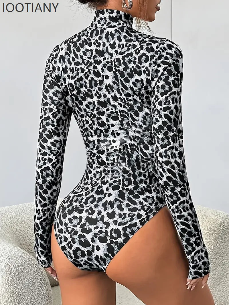 Leopard Print Long-Sleeve Stand Collar Bodysuit Sexy Cutout Stage One-Piece
