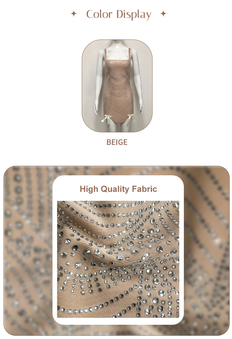 Nude Rhinestone Spaghetti Strap Mini Dress