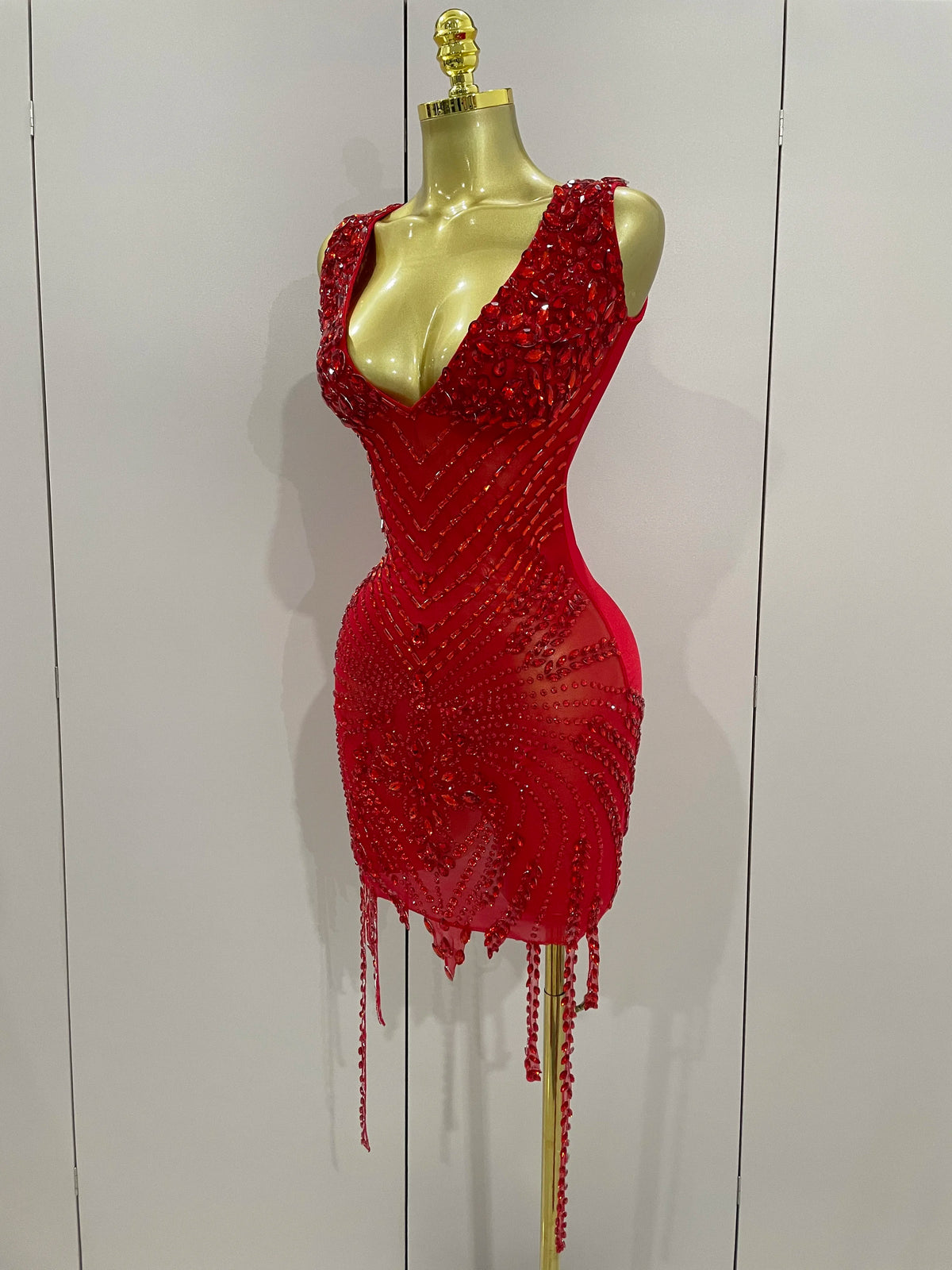 Vintage-Inspired Sparkly Rhinestone Mesh V-Neck Party Dress