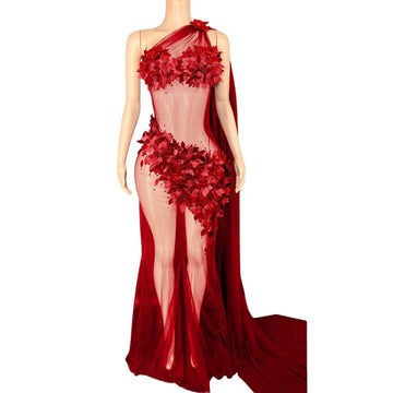 Sheer Rhinestone Applique Evening Gown Long Tail Showgirl Stage Performance Dress