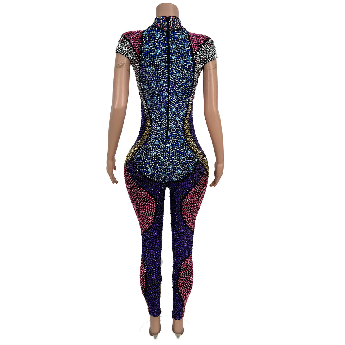 Women Sparkly Rhinestone Tight-Fitting Jumpsuit with Gloves Circus Stage Performance Costume