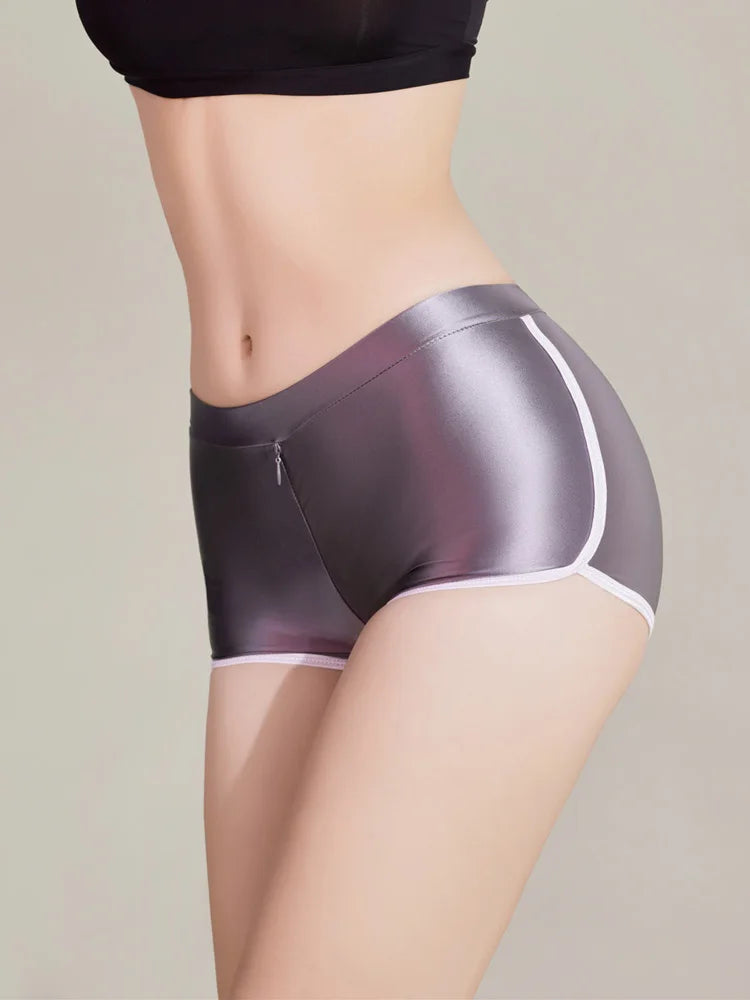 Sexy Women Zipper Open Crotch Yoga Elasitc Shorts Stain Smooth Oil Glossy Shiny Tight Casual See Through Beachwear Fitness Short