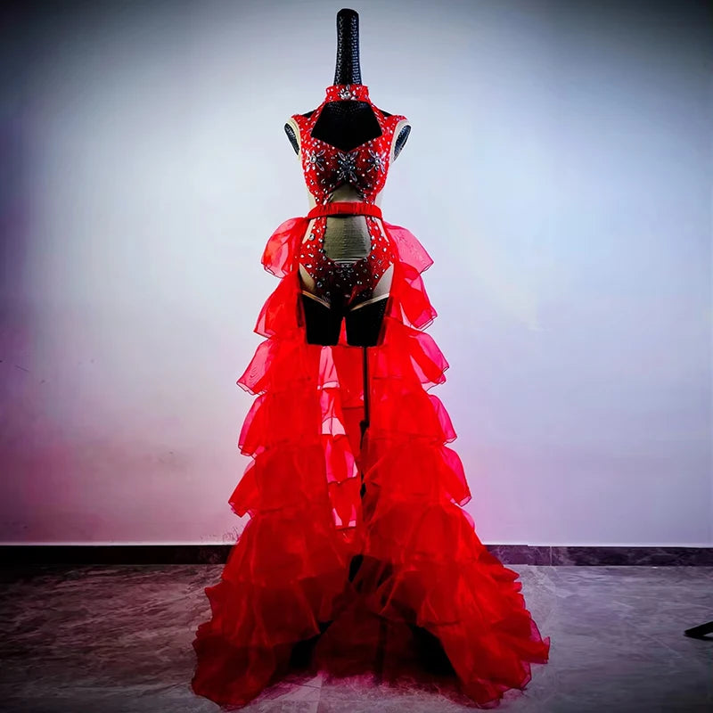 Hollow-Out Rhinestone Bodysuit & Feathered Layered Skirt Carnival Costume Set
