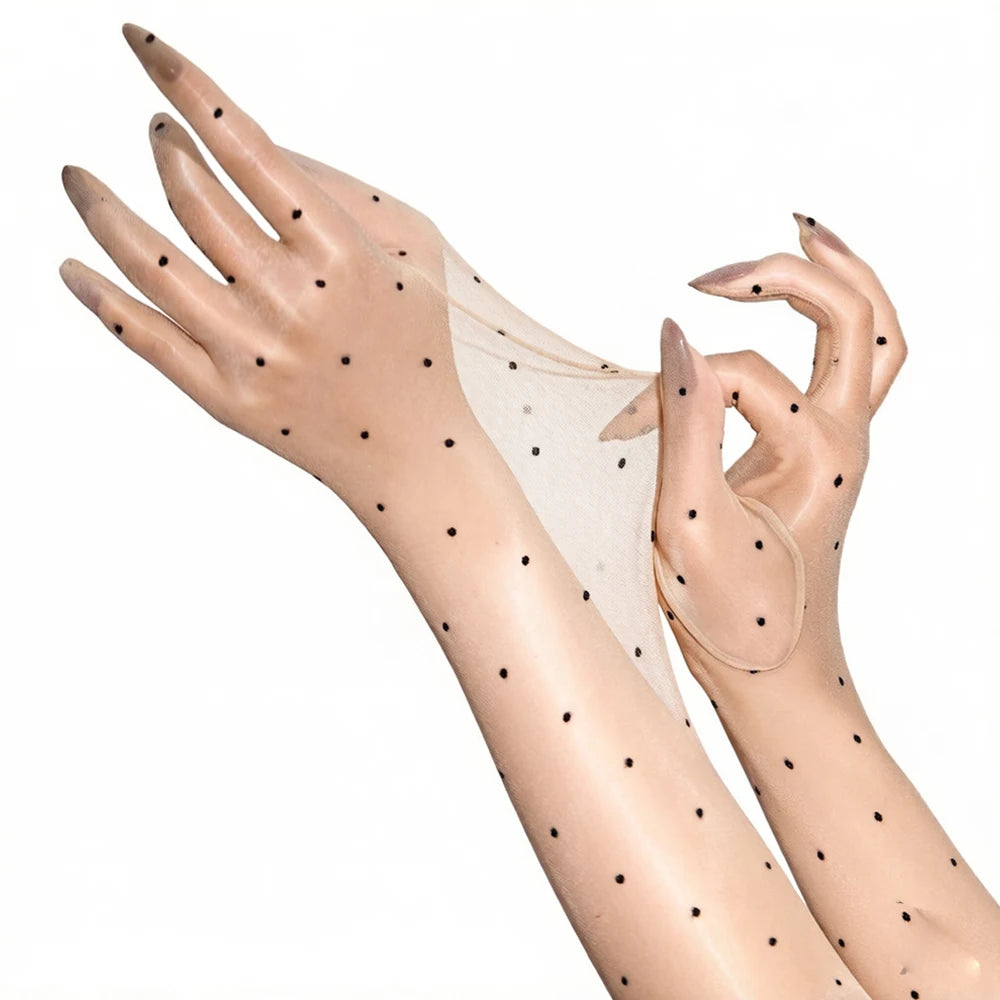 Sexy Women 1D Dot Ultra Thin Five Finger Long Glove Oil Shiny Glossy Sun Protection Glove Elastic Party Wedding Luxury Glove