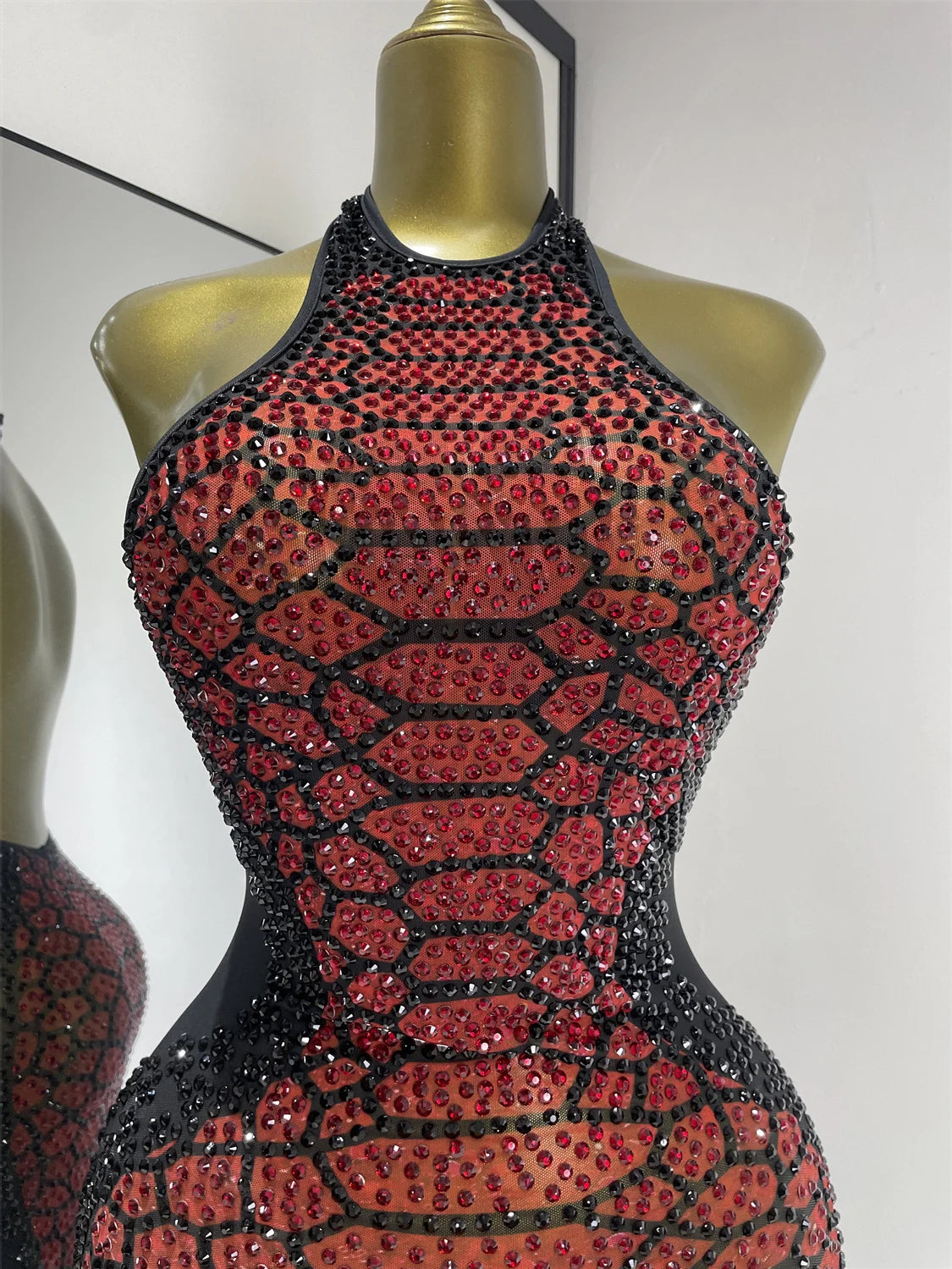 Claret Red Snakeskin Rhinestone Halter Gown Backless Mesh Illusion Evening Maxi Dress
