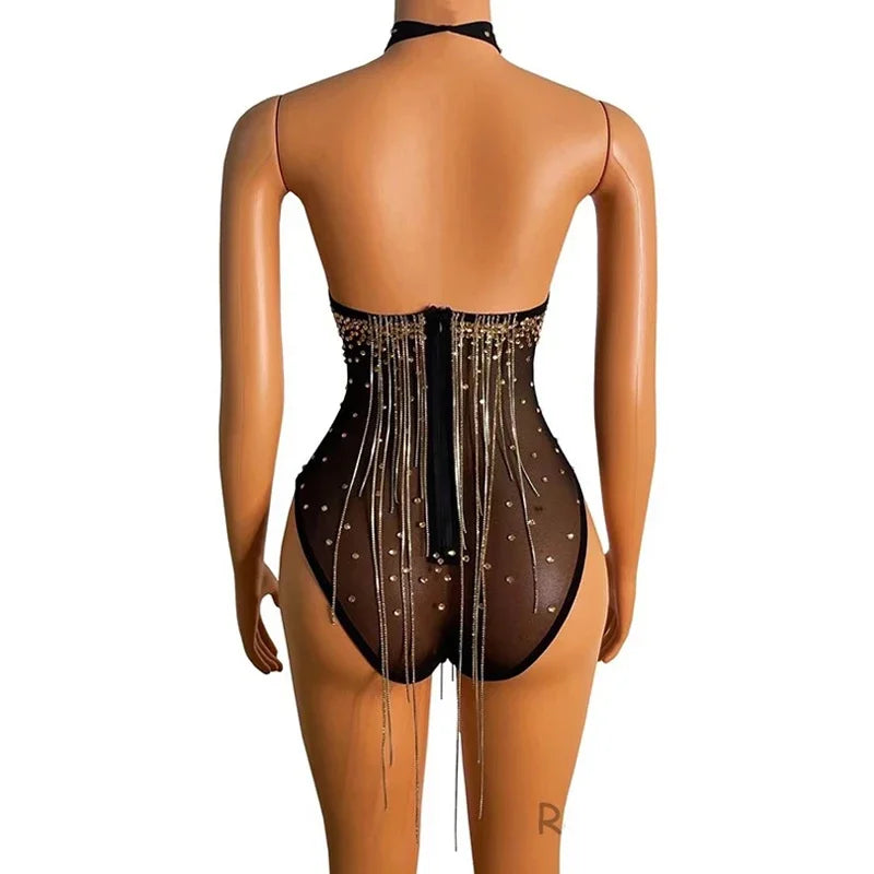 Openwork Rhinestone Tassel Performance Bodysuit