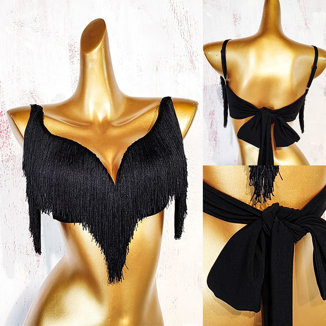 Black Latin Dance Fringe Camisole Top & High-Motion Practice Pants Set