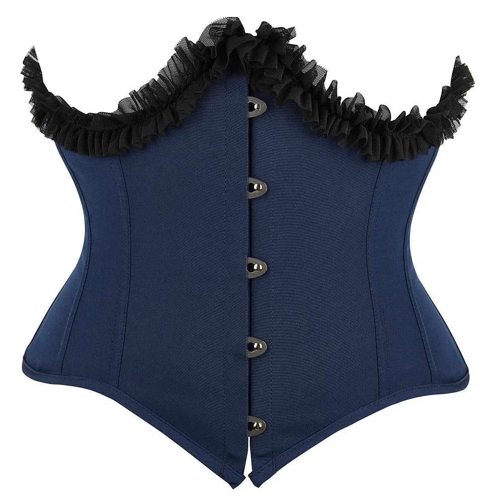 Gothic Underbust Corset Bustier Lace Ruffle Trim Front Busk Waist Cincher