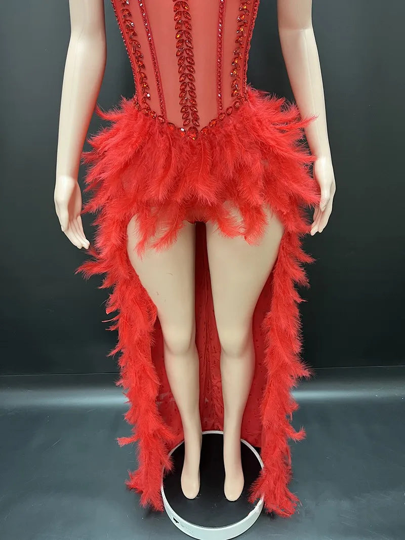 V-Neck Crystal Corset High-Low Feather Gown & Special Occasion Birthday Dress