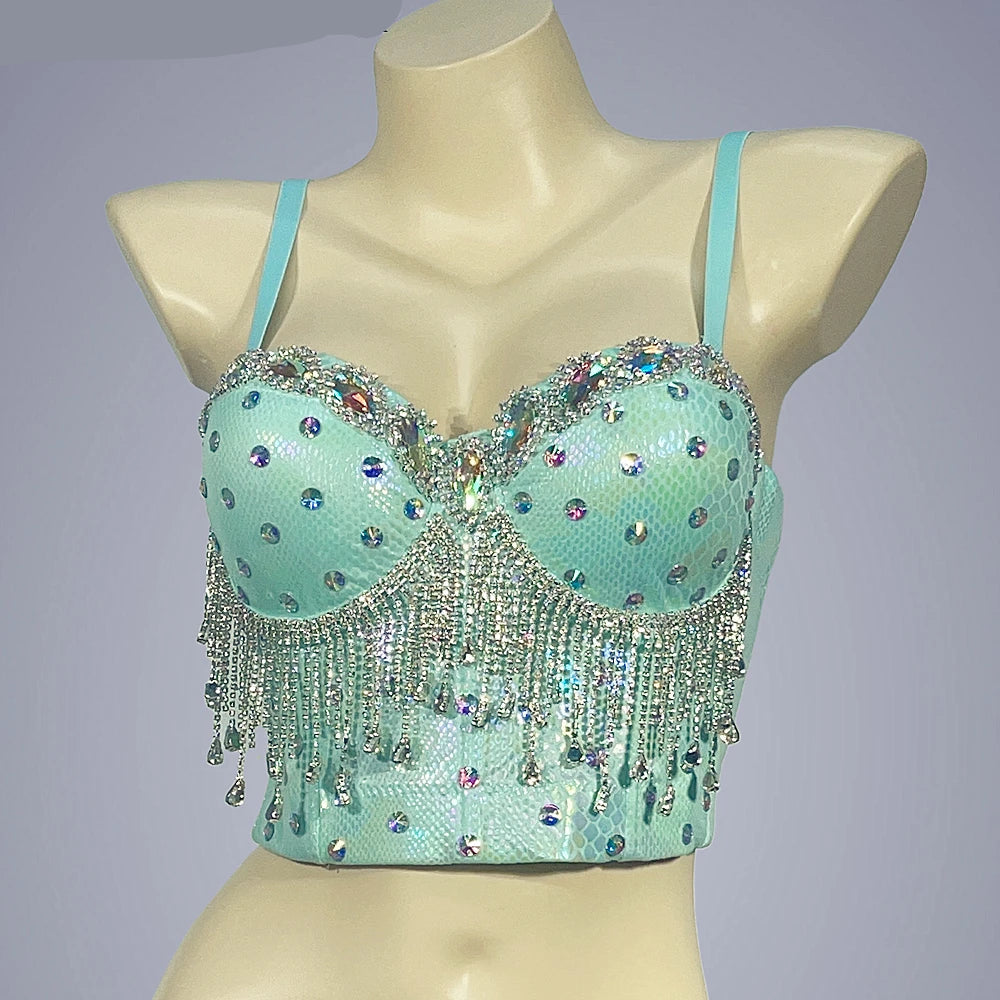 Sparkly Rhinestone Inlaid Corset Bra Top Nightclub Pole Dancing Costume