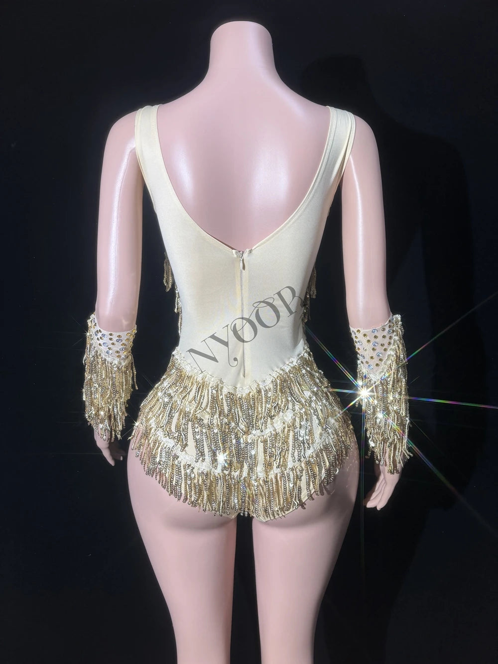 Gold Sparkly Rhinestone, Sequin & Tassel Bodysuit Stage Performance Costume