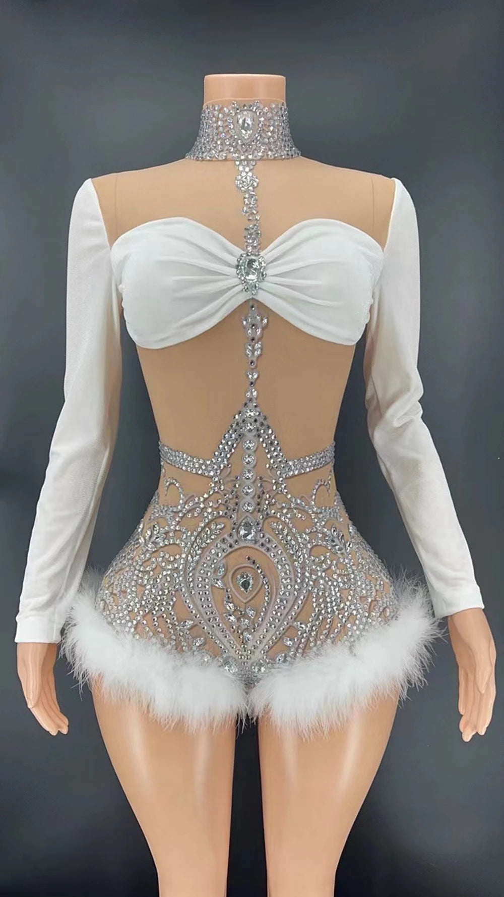 Sparkly Rhinestone & White Feather Long-Sleeve Bodysuit Stage Costume